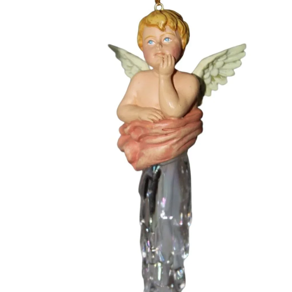 Vintage Icicle Angel tree ornament hand painted putty cherub holiday decoration